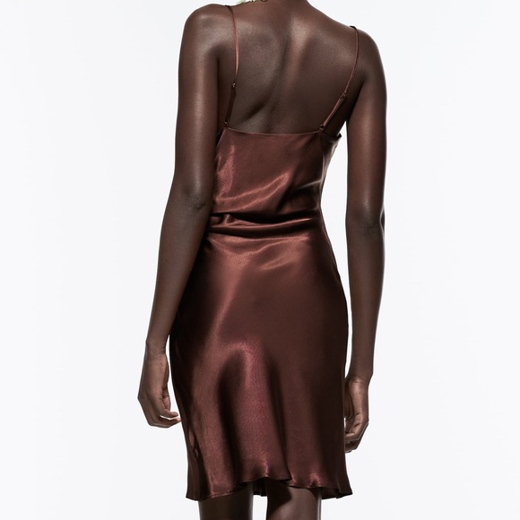 ZARA CHOCOLATE BROWN V NECK BROWN SATIN EFFECT SIDE GATHERED WRAP DRESS $49.90 - Picture 6 of 9